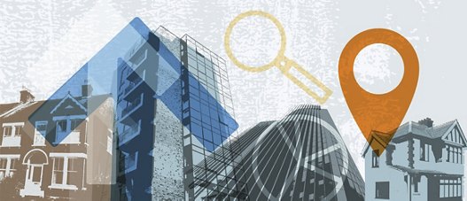 Illustration of various building styles with a magnifying glass and a location pin overlay.